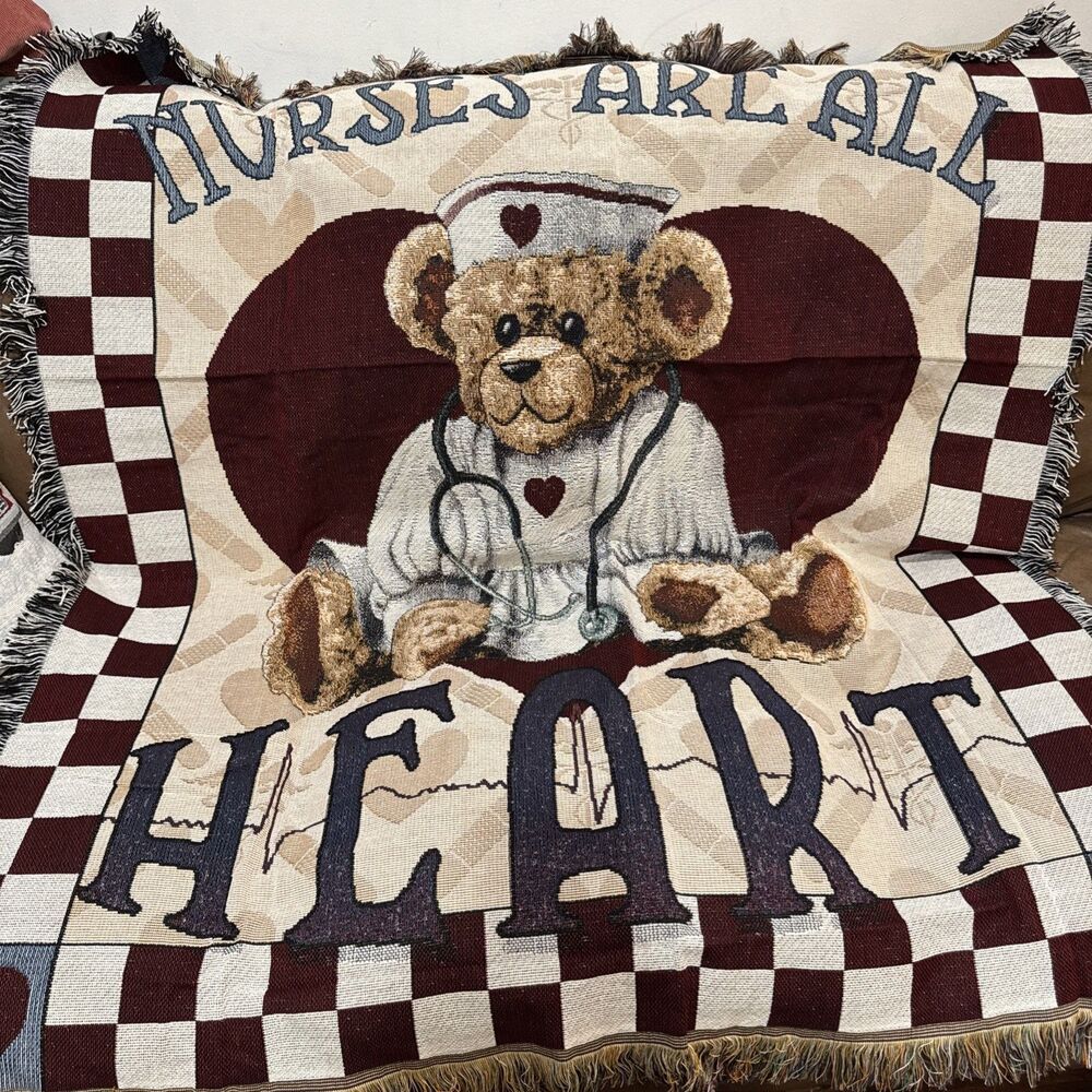 VTG Mohawk Nurses Are All Heart Bear Tapestry Throw Blanket 52 x 48 GIFT
